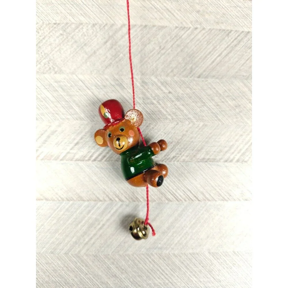 Vintage Hand Painted Russ Berrie Red Bell Ornament Teddy Bear Jingle Bell